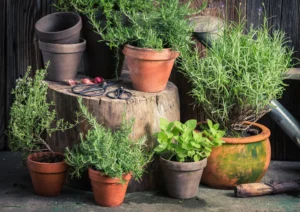 A collection of herb plants in terracotta pots, creating a colorful scene , indoor plant for gardening